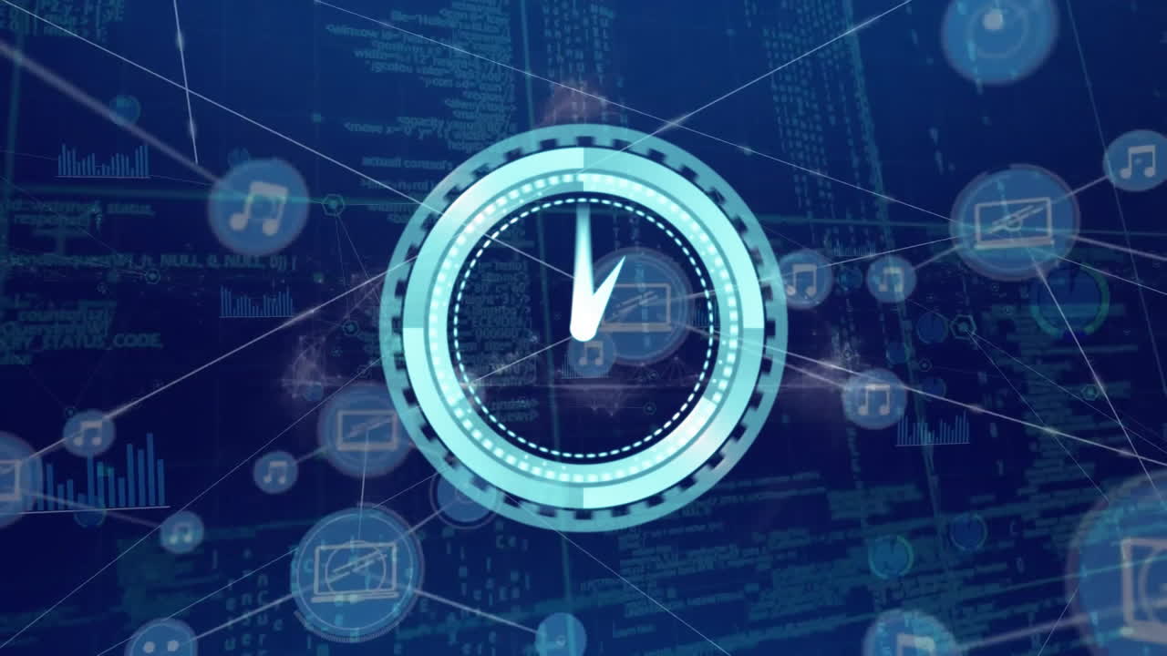 Animation of clock over network of connections with icons and data processing