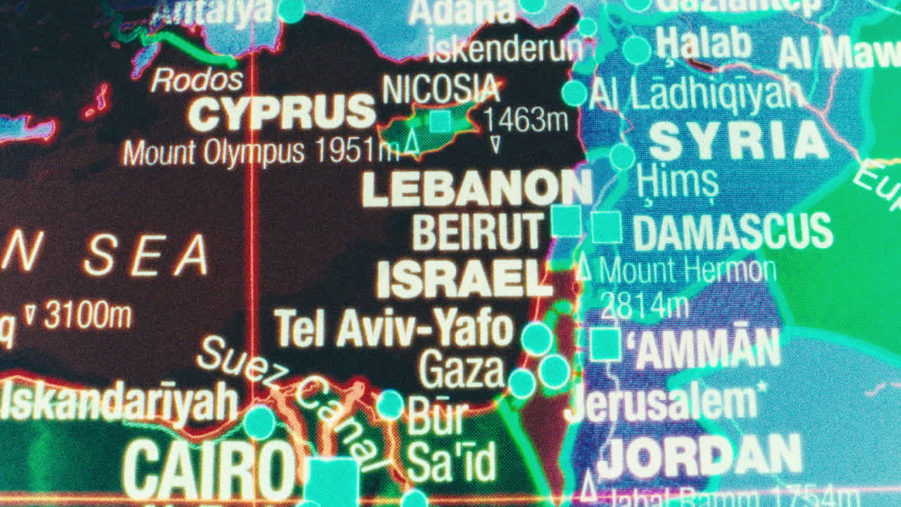 A close-up view of a map showing the Middle East region
