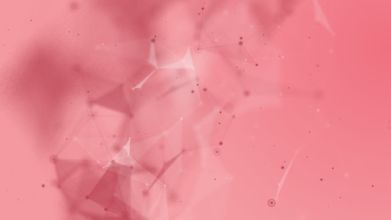 Red pink gradient background with plexus lines, triangles. Fantastic abstract technological animated wallpaper with dots and flying particles. Looped motion graphics.