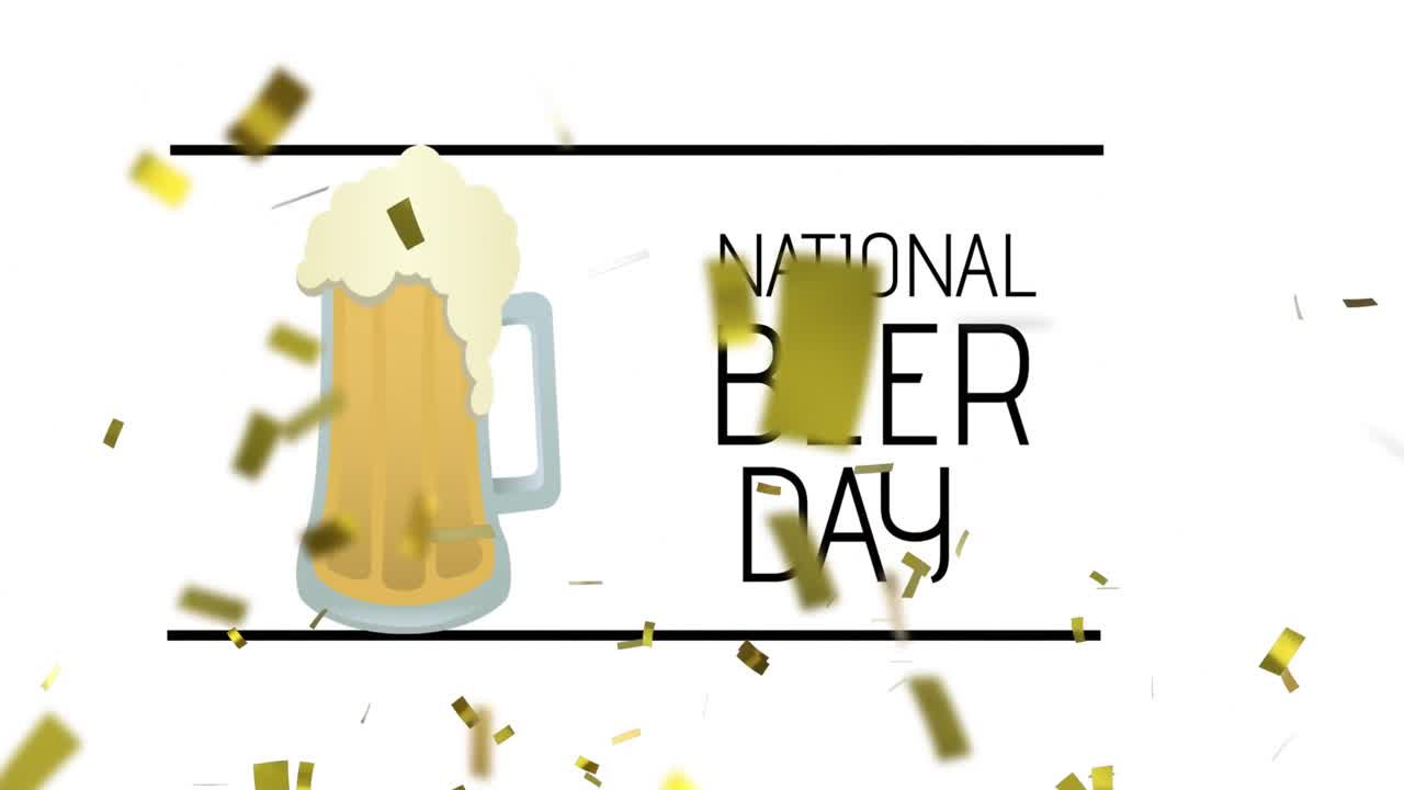 컨페티와 맥주 아이콘 위에 있는 국가 맥주 날 텍스트의 애니메이션