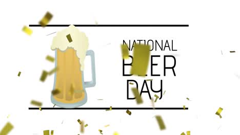 animation of national beer day text over confetti and beer icon