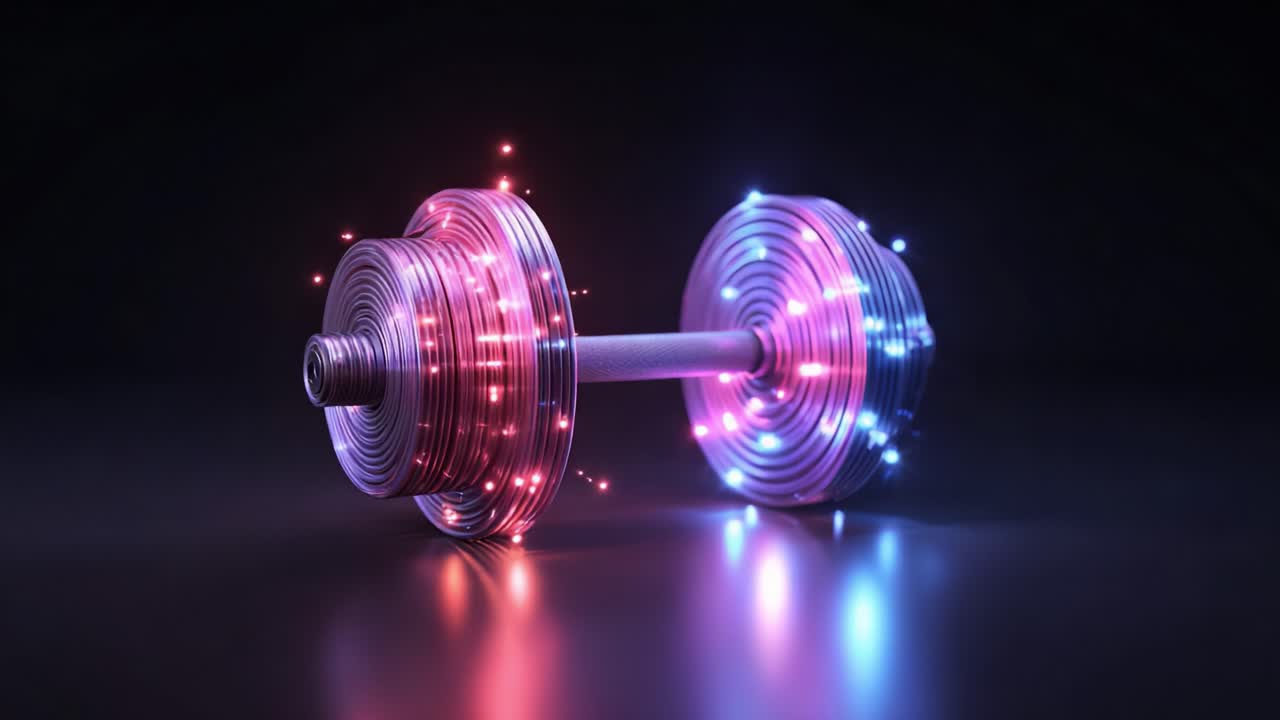 A striking, illuminated dumbbell showcasing vibrant colors and detail, symbolizing strength, determination, and the pursuit of physical fitness in a captivating visual display