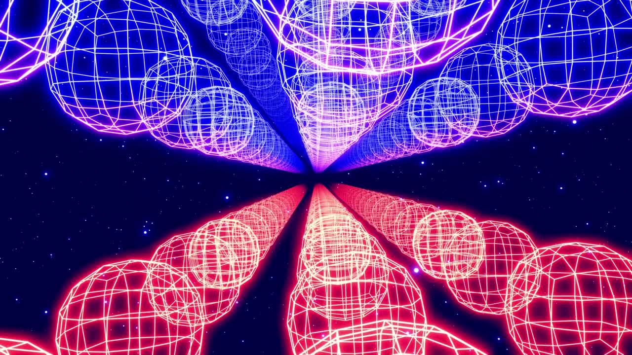 diseño de movimiento matriz de esferas, cámara vuela y gira en el espacio de ciencia ficción digital con luz de neón y objetos holográficos. concepto de alta tecnología, fondo de bucle futurista abstracto. gráfico de movimiento. bucle vj.