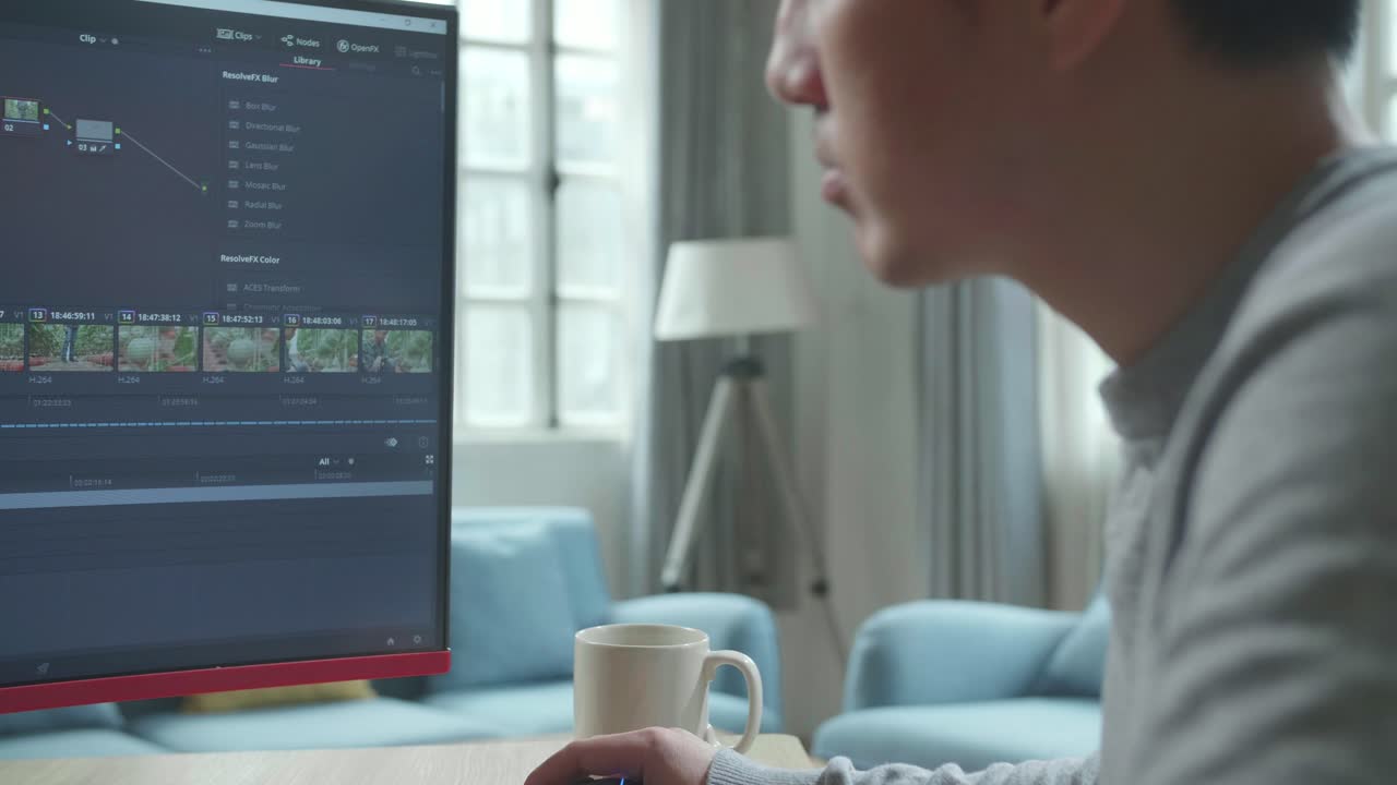Close Up Of Asian Video Editor Man In Long Sleeved T-Shirt Using Desktop Computer For Editing Video While Working At Home.