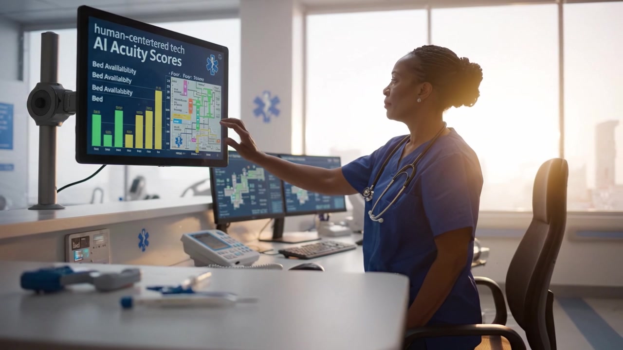 Focused healthcare professional analyzing AI-based acuity scores and bed availability in a modern medical environment, showcasing advanced technology and human-centered design.