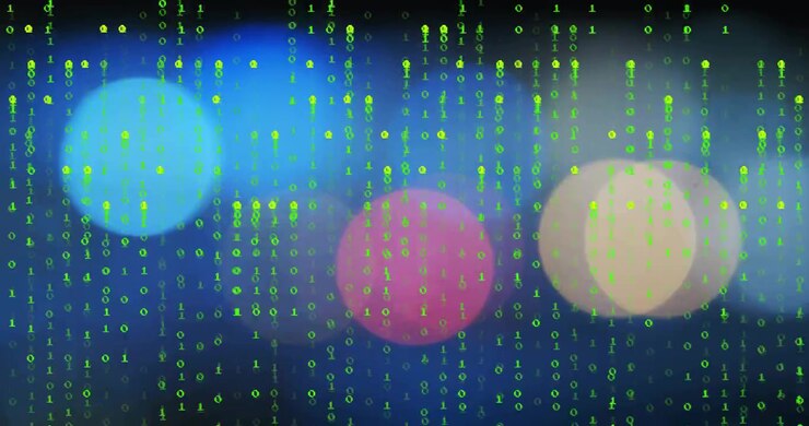 Digital Binary Code Falling Over Abstract Colorful Bokeh Background