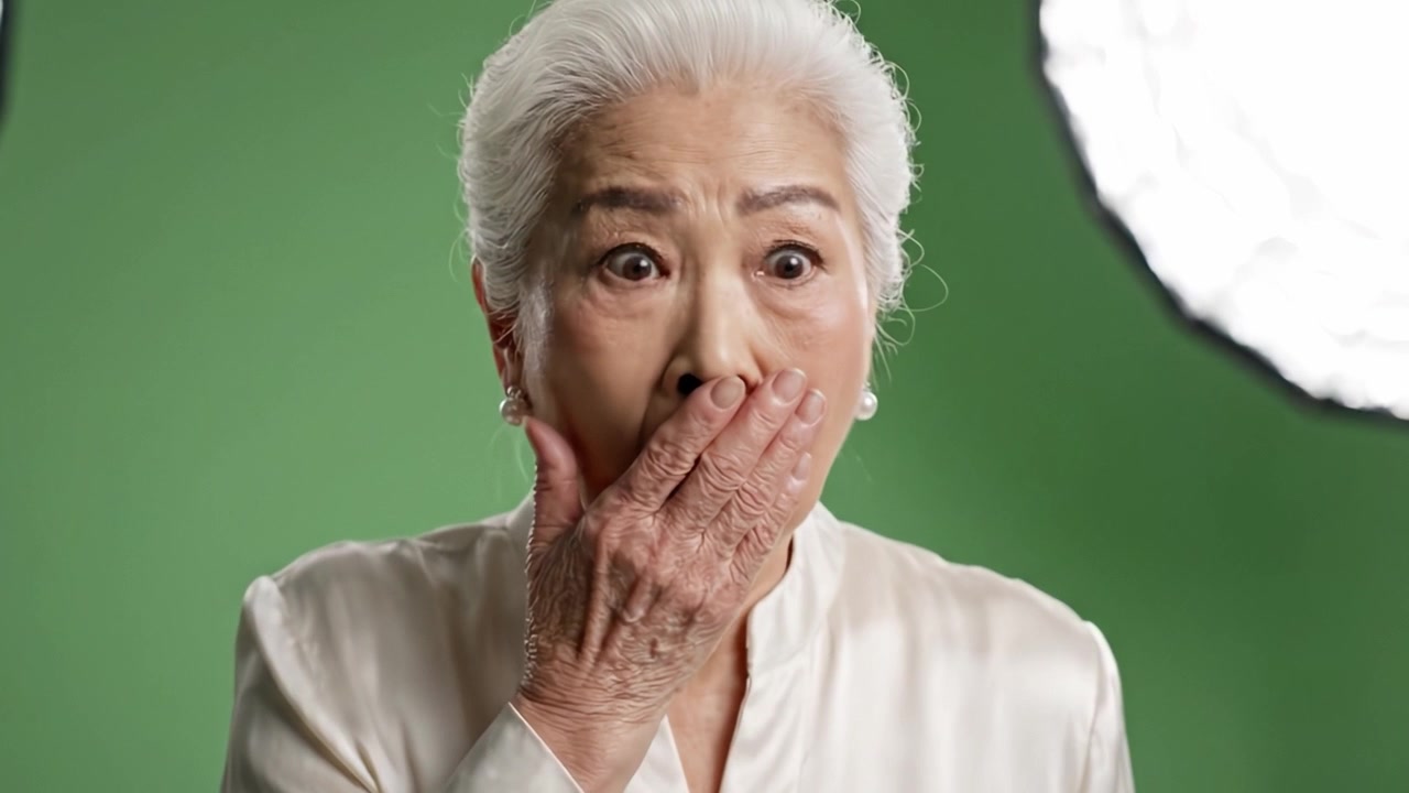 Un ritratto intimo di una donna anziana che riflette profonde emozioni in un ambiente da studio, circondata da uno sfondo verde tenue e illuminazione professionale.
