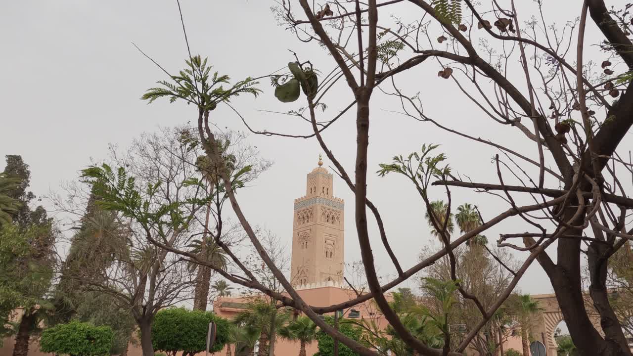 mirando hacia arriba a la torre de la mezquita de koutoubia a través de ramas de árboles desnudas soplando en la brisa