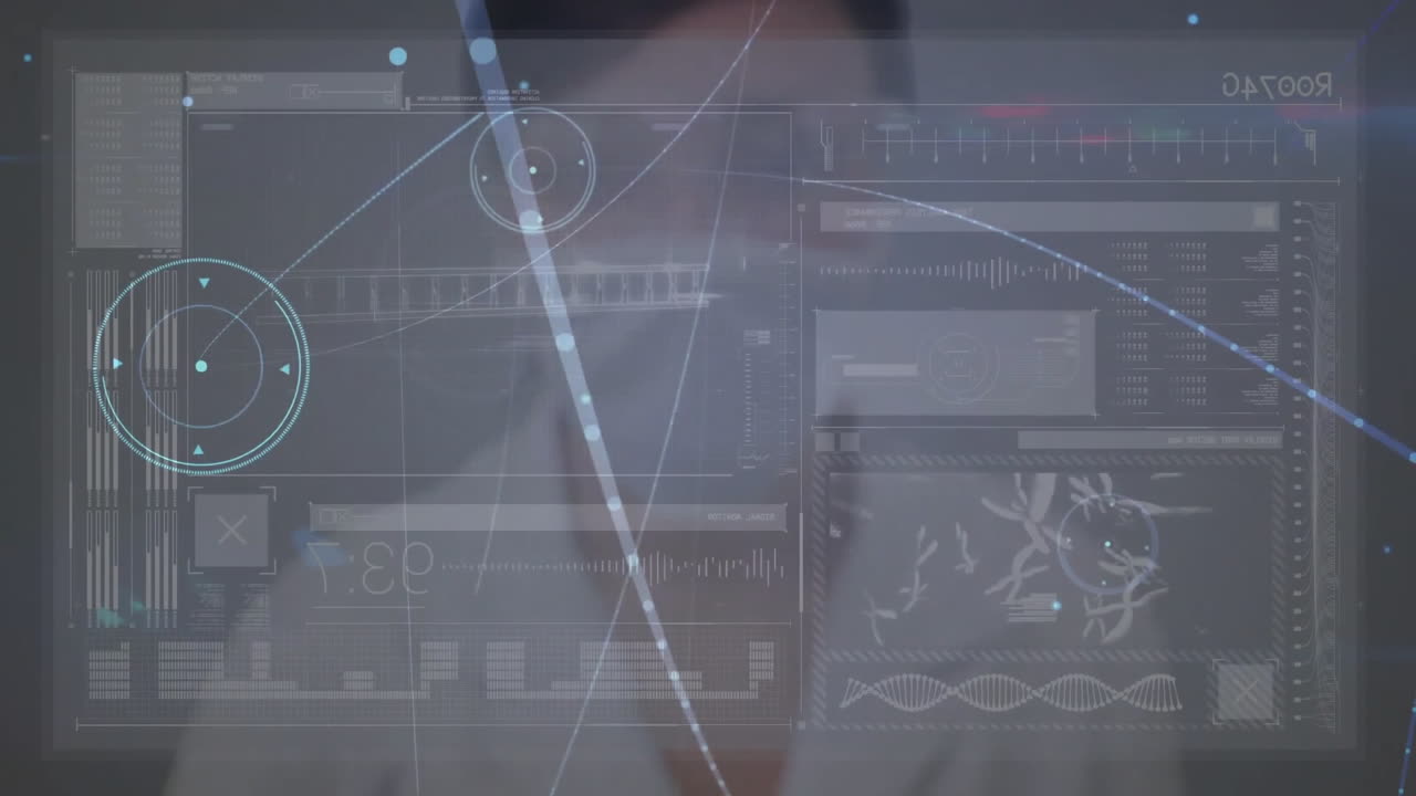Scientist analyzing holographic data panels in 3D render, showing glowing charts and DNA helix
