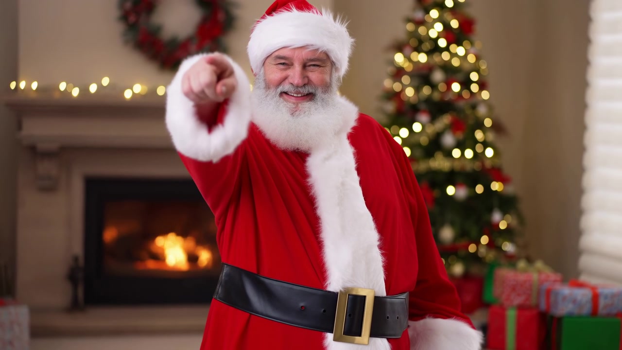 Hombre mayor sonriente vistiendo un traje y gorro tradicional de Papá Noel rojo, de pie ligeramente a la izquierda del centro en una cálida sala de estar decorada para Navidad. Un árbol iluminado