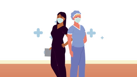 doctores femeninos pareja con personajes de lista de comprobación