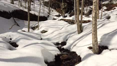 Vista-Aérea-De-Un-Arroyo-Casi-Cubierto-De-Nieve-En-Los-Bosques-Canadienses