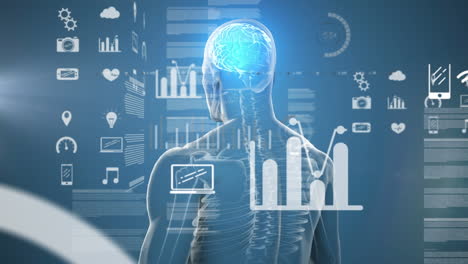 animación del procesamiento de datos sobre un modelo de cuerpo humano giratorio y un punto de luz contra un fondo azul