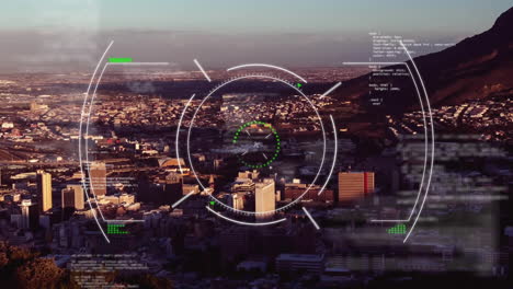 animation of data processing and scope scanning over cityscape