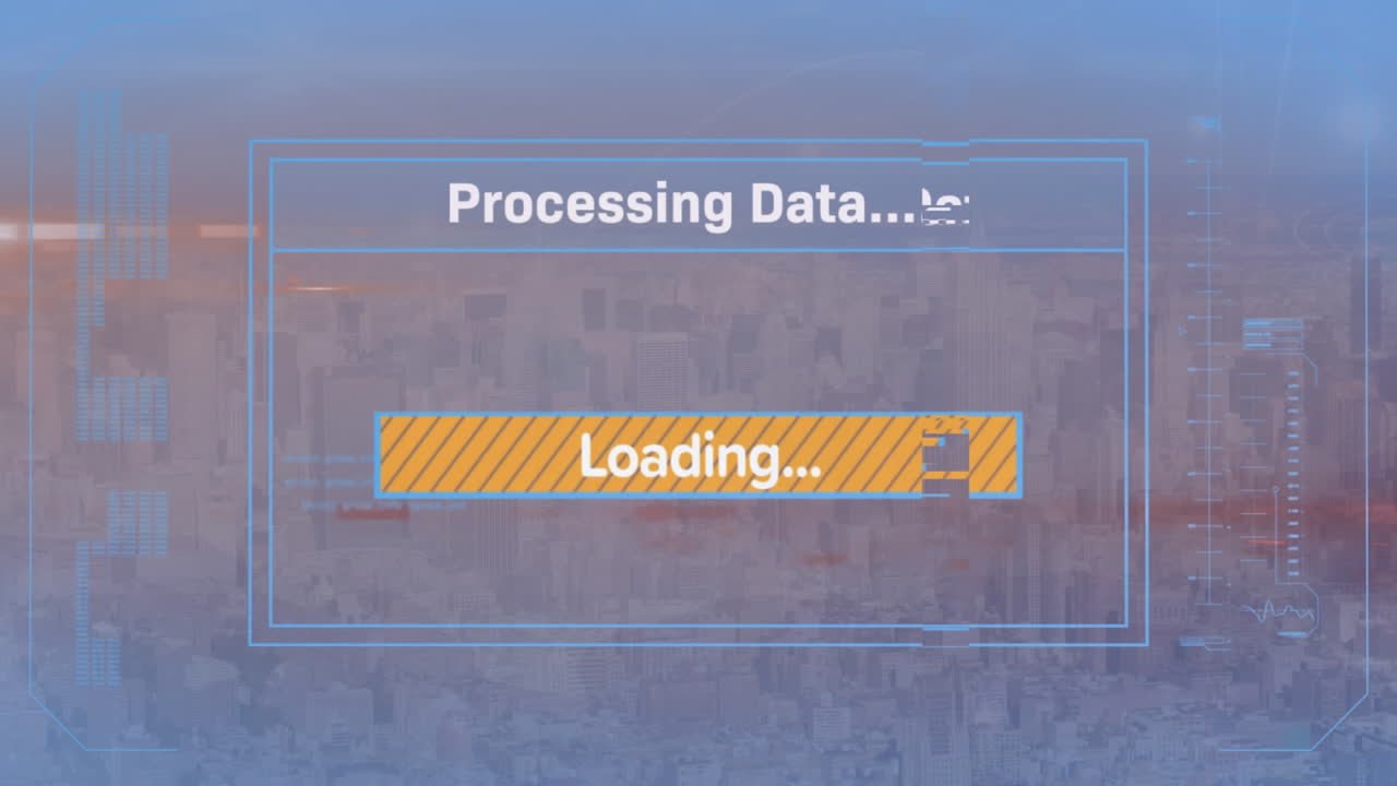 Animation of financial data processing and text over cityscape