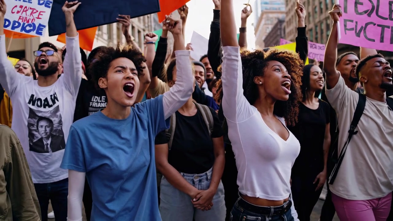 Diverse Group of Young People Protesting in City Street