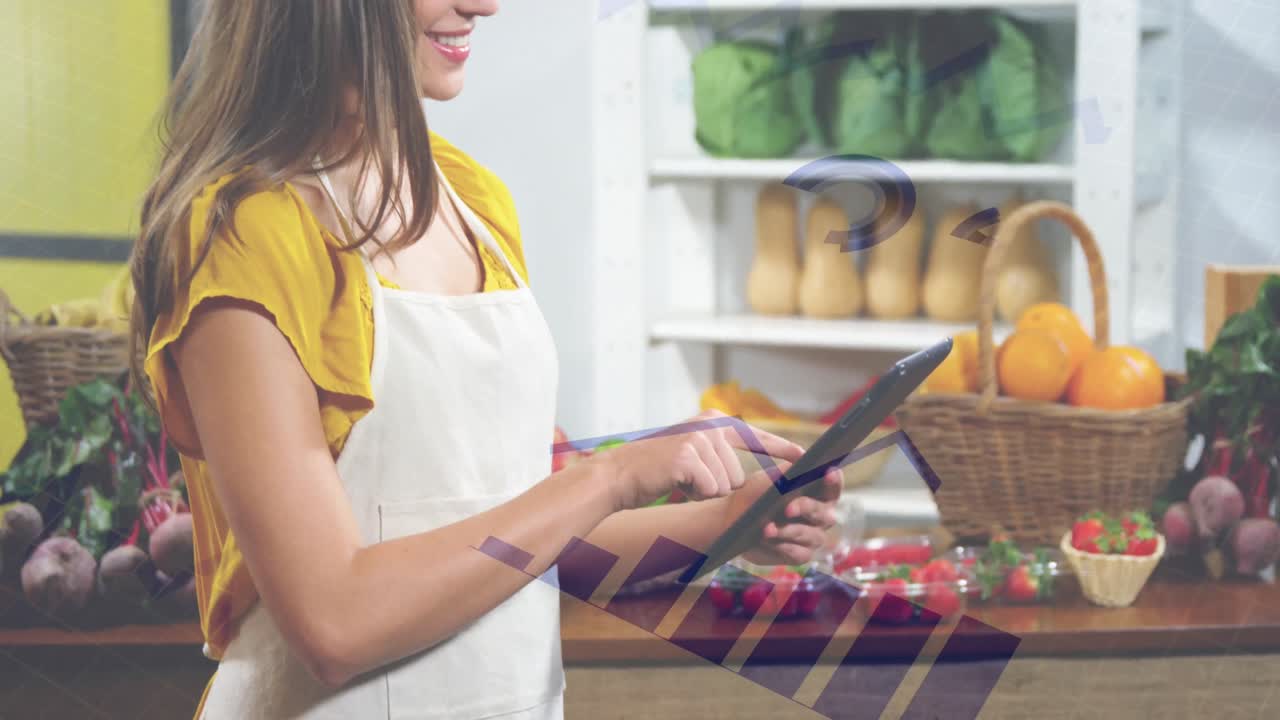 animación del procesamiento de datos estadísticos sobre una mujer caucásica que trabaja en una tienda de alimentos