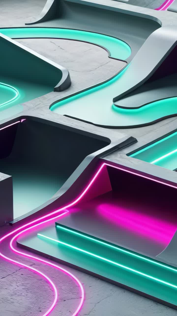 Vertical video: Reacting to neon LED pulse, camera panning concrete channel on studio floor