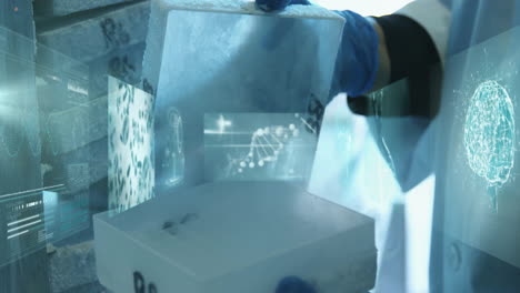 animación del procesamiento de datos sobre un científico caucásico en el laboratorio