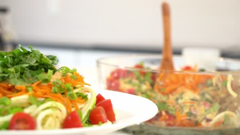 Panning-shot-of-healthy-meal-shredded-carrots-zoodles-adding-to-bowl-healthy-vegan-vegetarian-lifestyle-diet-detox