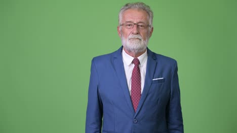 hombre de negocios barbudo y guapo contra un fondo verde.