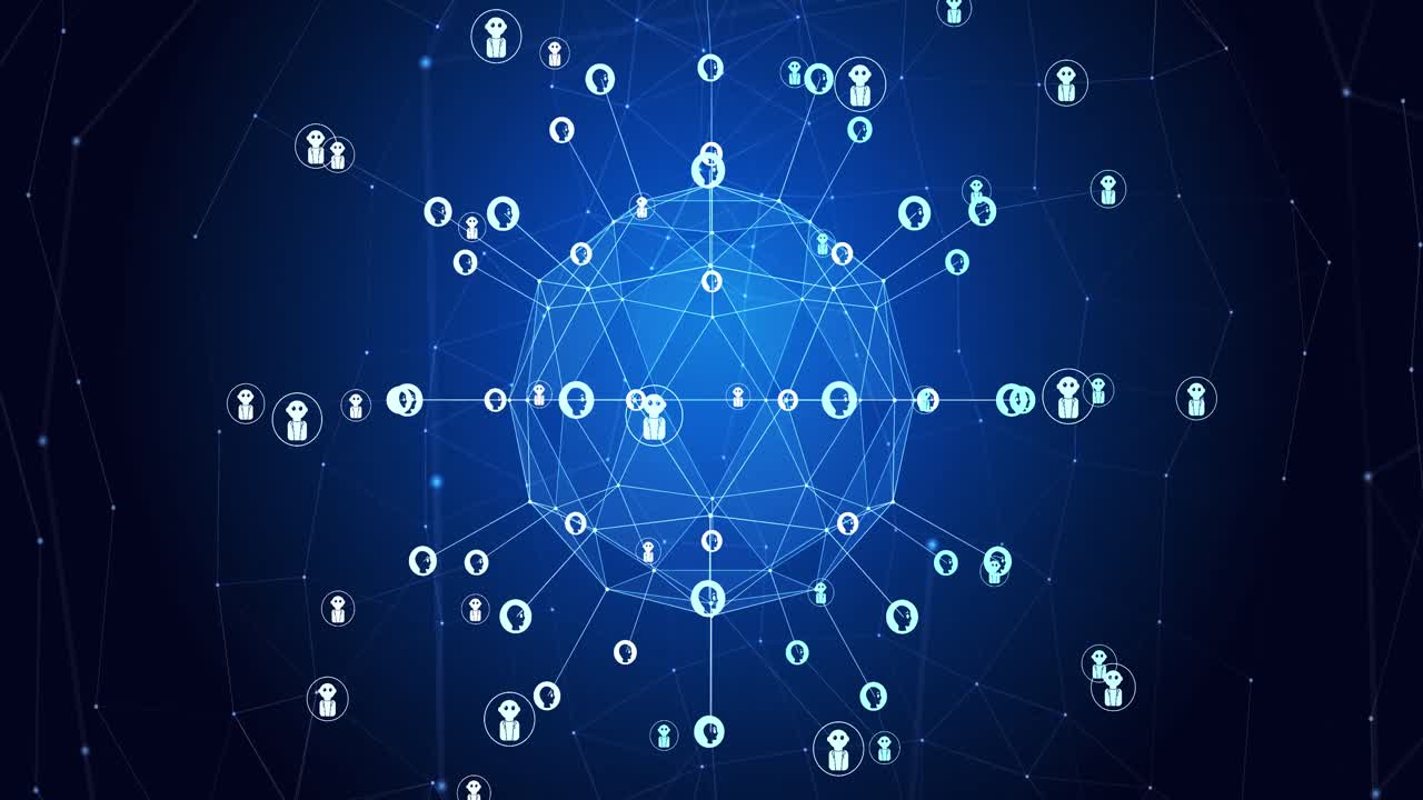 animación del globo de conexiones con iconos en fondo azul y negro