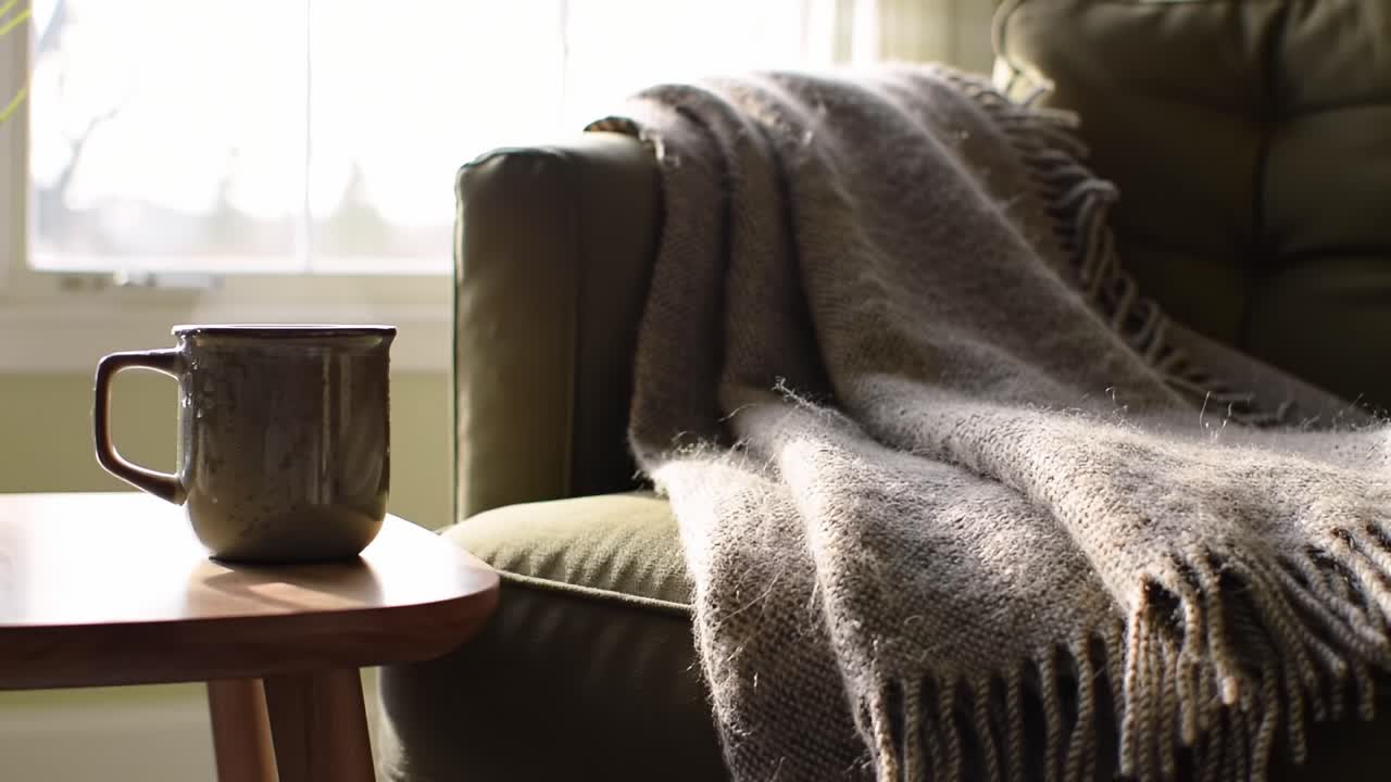 A Cozy Corner: A Soft Blanket Draped Over a Comfortable Armchair Accompanied by a Warm Mug in Sunlit Serenity