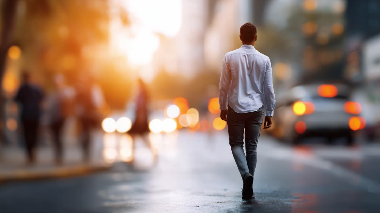 A solitary figure walks down a bustling city street at sunset, surrounded by blurry shapes of people and vehicles, capturing the essence of urban life and solitude