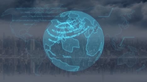 animation of globe spinning and data processing over cityscape