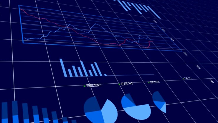 Elaborazione di dati finanziari su sfondo blu.