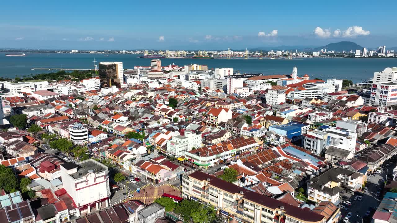 City district square, metropolis scenery, coastal background, aerial