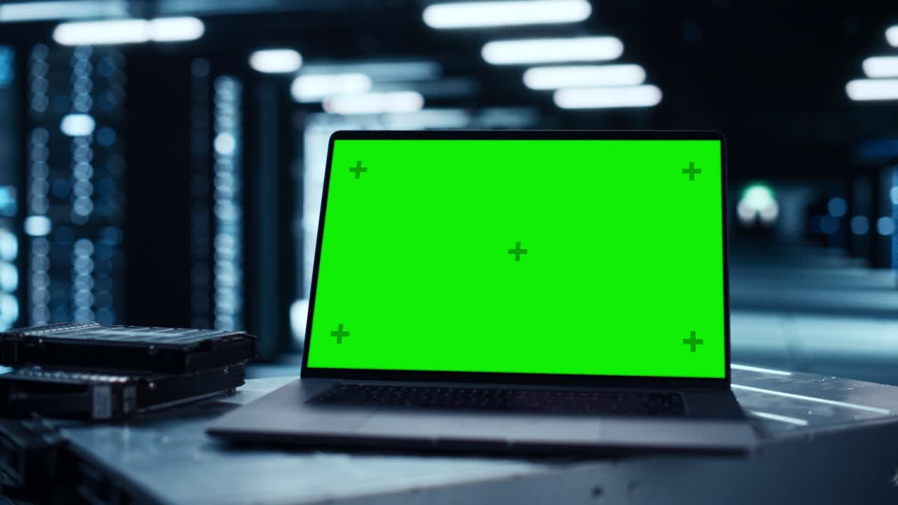 Laptop Computer with Green Screen Chroma Key Mock Up Display Stands on a Table. In the Background Modern Data Center With Rows of Server Racks. Concept for Cloud Computing and Cyber Security.