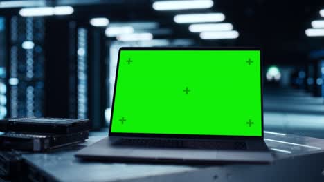 computadora portátil con pantalla verde chroma key mock up display se encuentra en una mesa. en el fondo moderno centro de datos con filas de bastidores de servidores. concepto para computación en nube y seguridad cibernética.