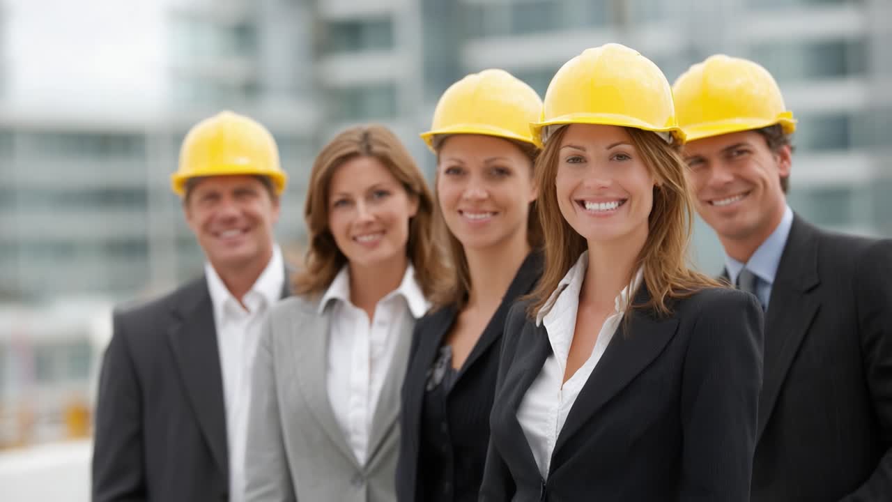 A Group of Professional Workers in Hard Hats Smiling for the Camera, Representing Teamwork and Collaboration in the Construction Industry
