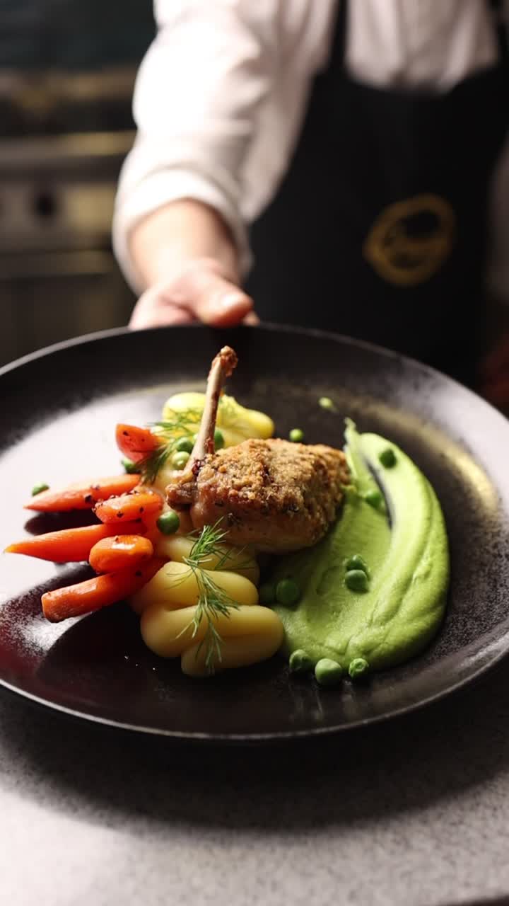 Chef che presenta un piatto gourmet di coscia di pollo con verdure