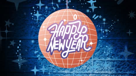 Animation-of-happy-new-year-text-in-purple-and-white,-on-orange-disco-ball-over-blue-stars