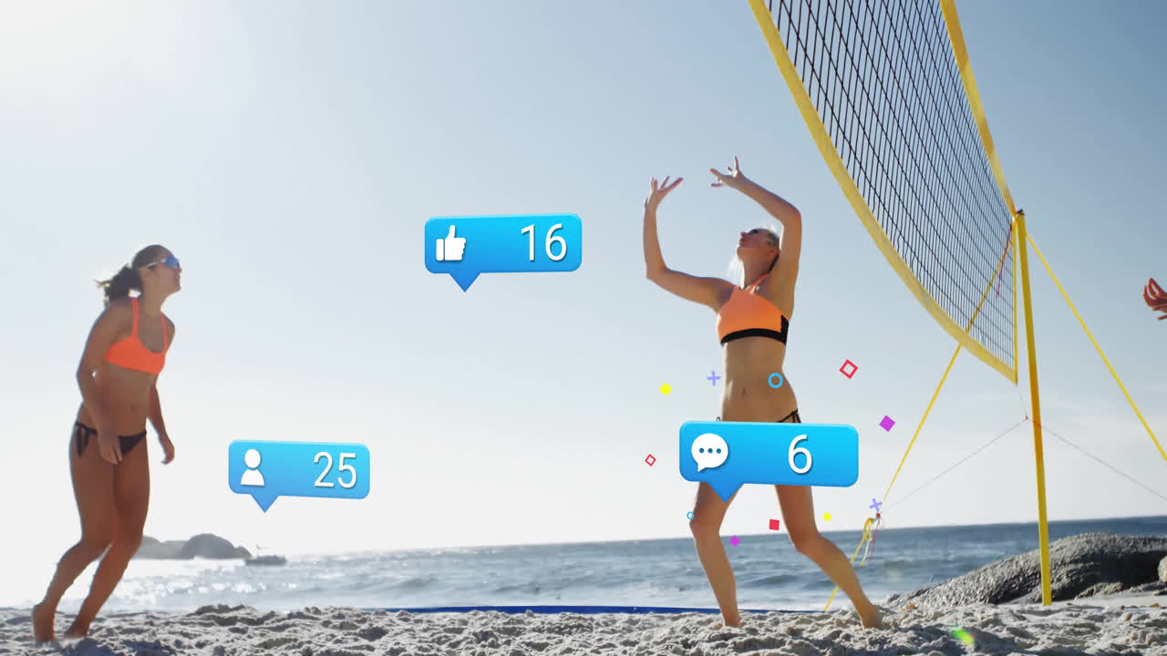 Playing beach volleyball, women with animation of social media icons on sand