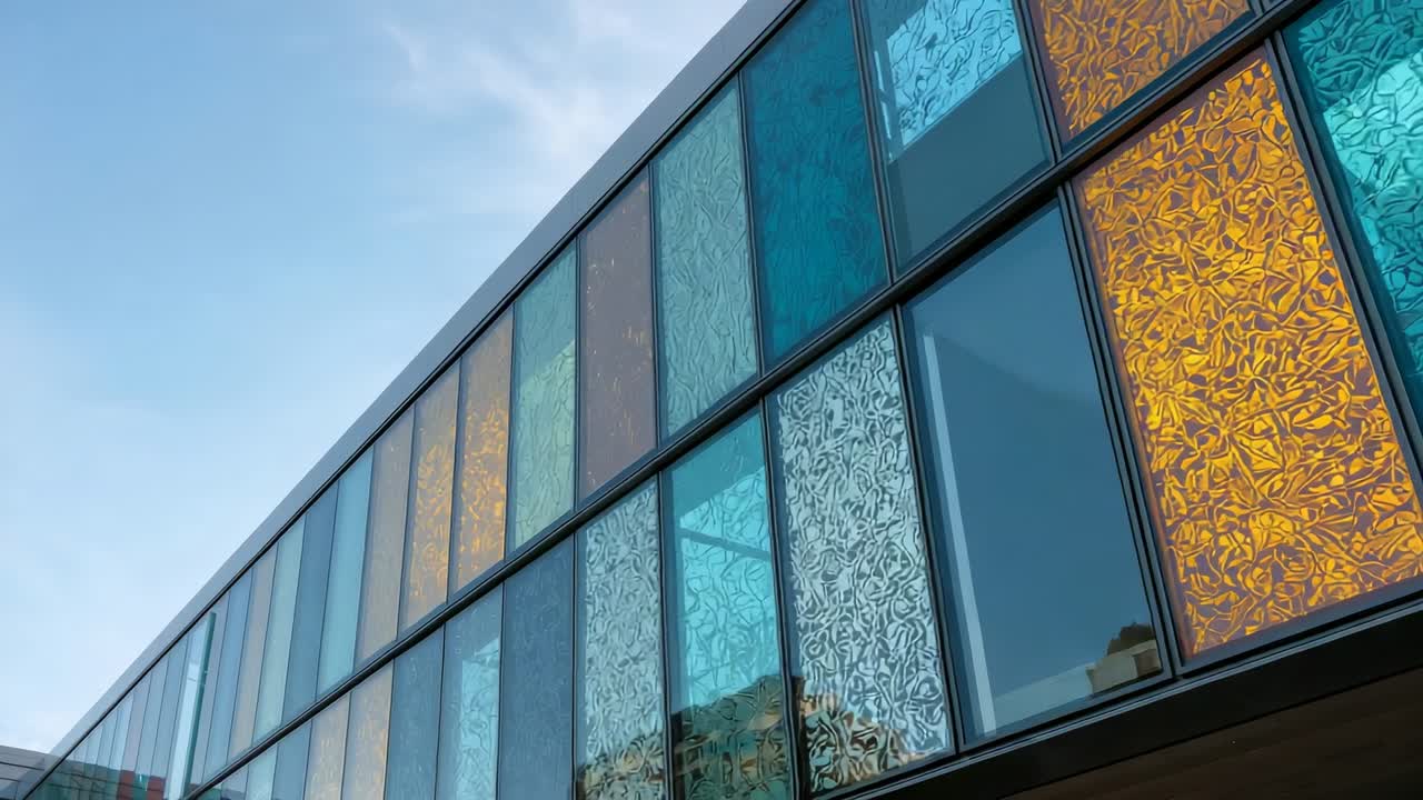 Starting camera capturing contemporary building facade near street level, with colored glass panels