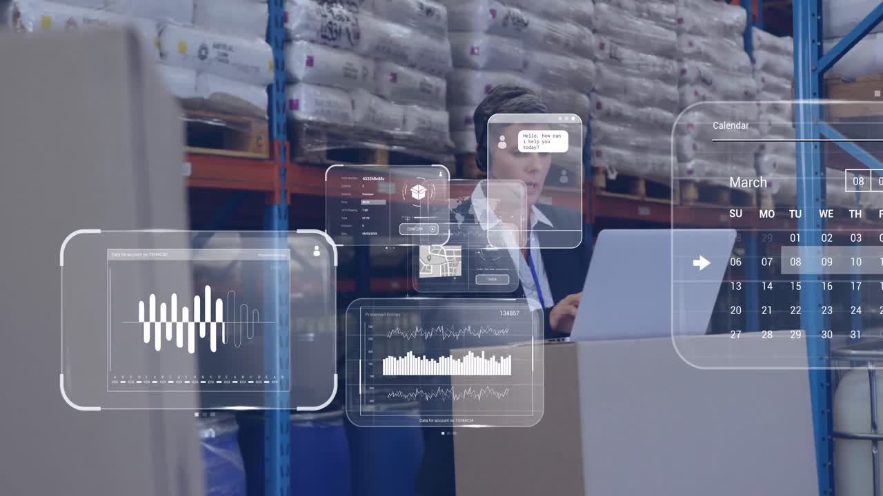 창고에서 일하는 백인 여성에 대한 화면에서 데이터 처리 애니메이션