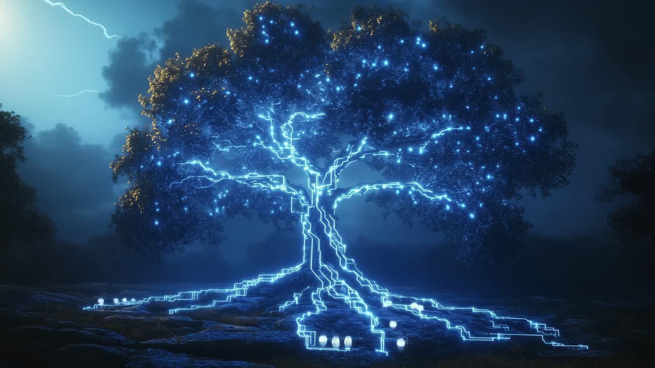 Glow tree with electric roots. A luminous tree stands against a dark sky, glowing with blue electric patterns. Its a mystical, nighttime display.