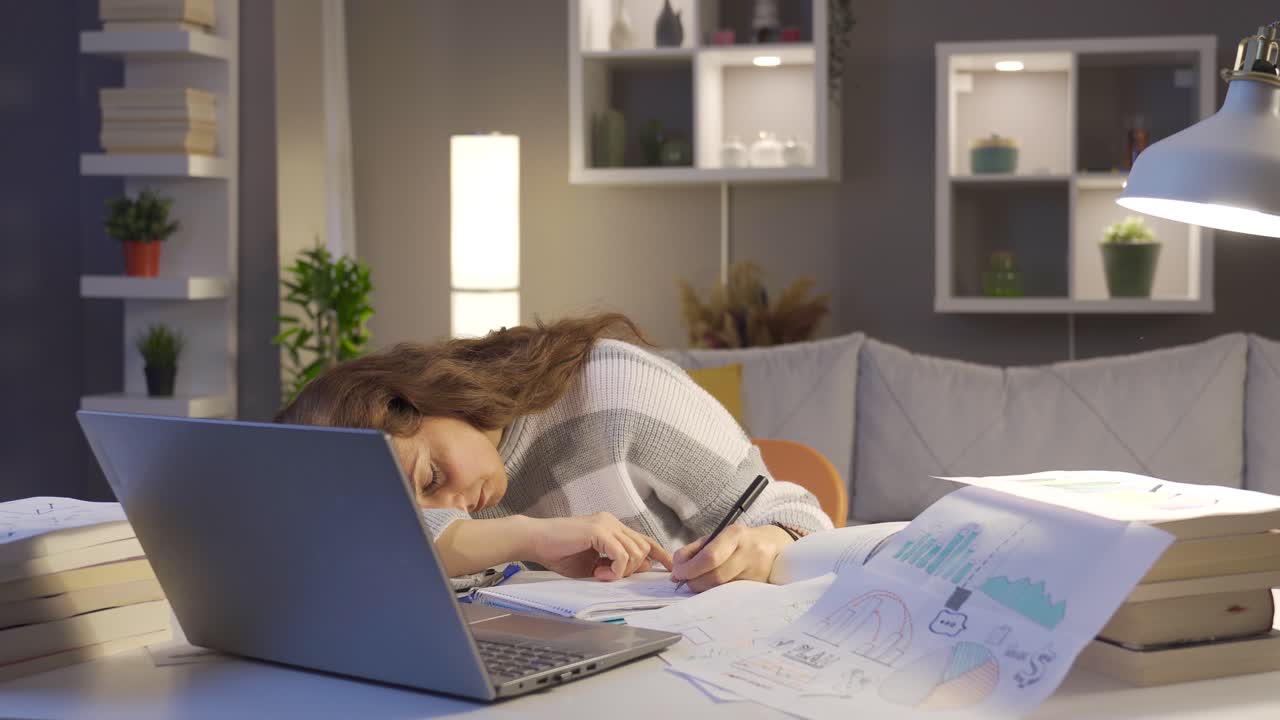 피곤한 사업가 여성이 잠을 못  ⁇ 습니다.