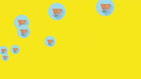 animación digital de múltiples iconos de carrito de compras flotando contra un fondo amarillo
