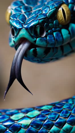 close-up of a blue and green snake with its tongue out