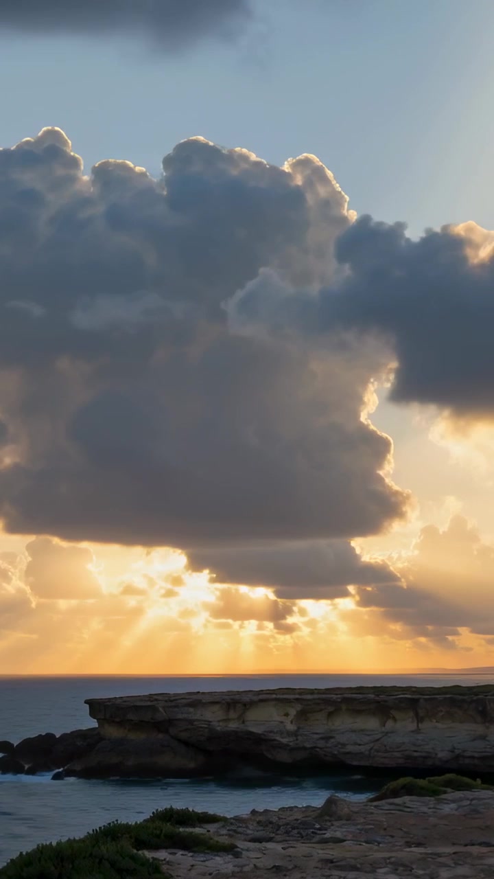 Vertical video: Shifting cumulus casting rays as sun slipping behind it over shore, lighting surf