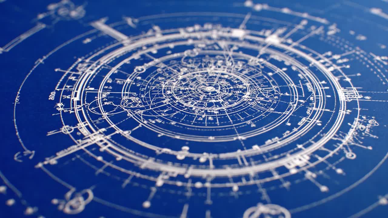 Progetto celeste complesso che rivela la struttura complessa dei circoli cosmici e le loro connessioni con dettagli straordinari su uno sfondo blu vivido