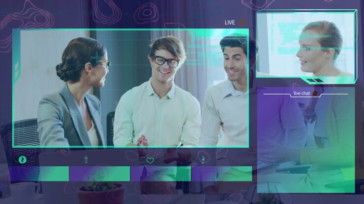 Animation of data processing over diverse business people at office