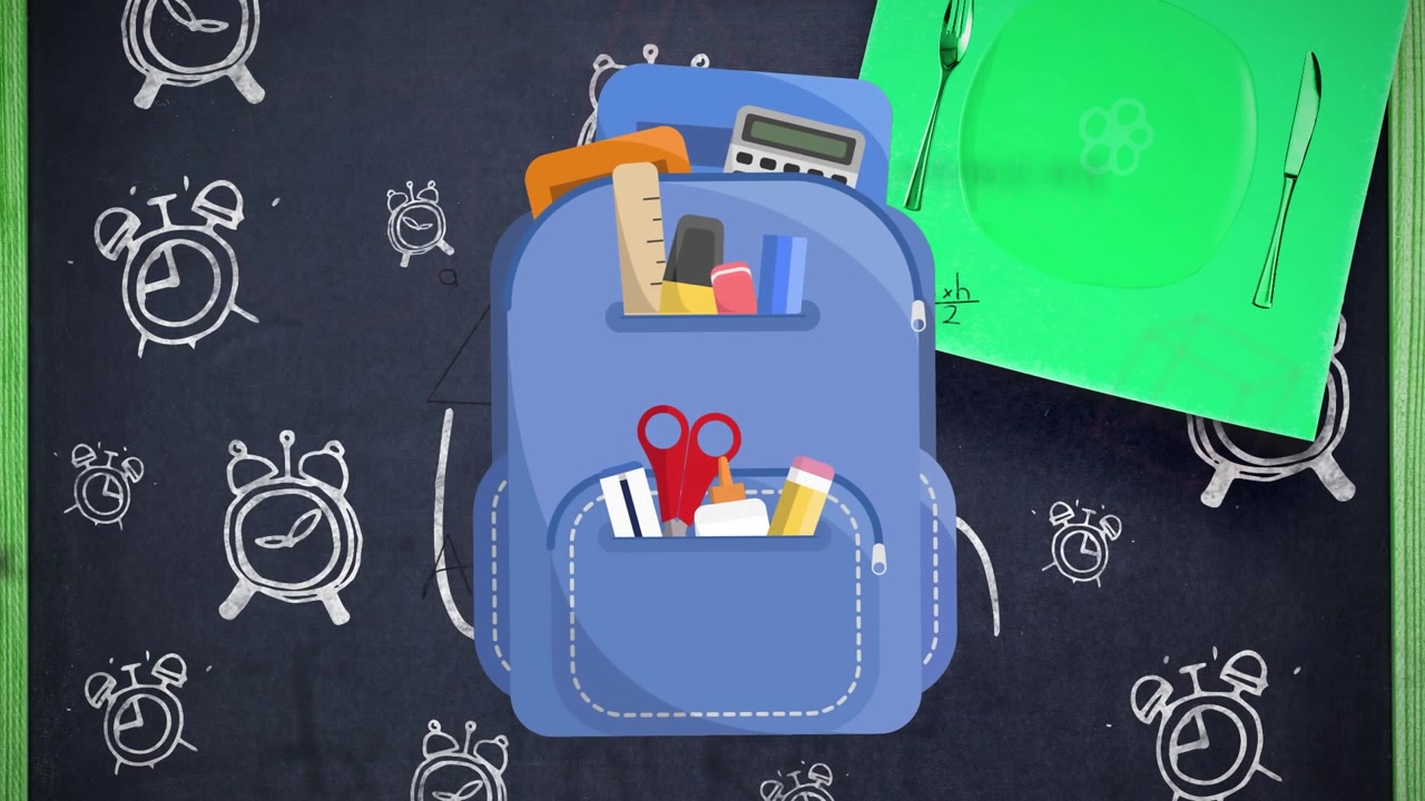 Animasi tas sekolah di atas jam weker