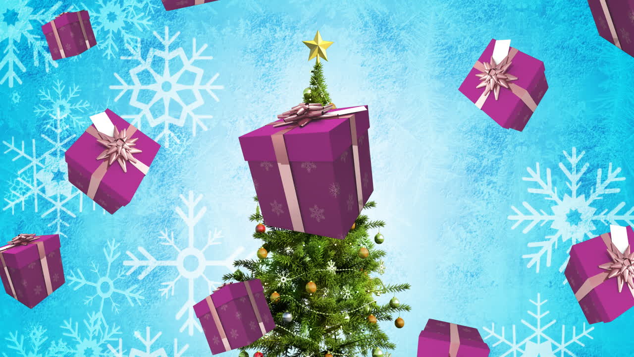 animación de regalos que caen sobre el árbol de navidad