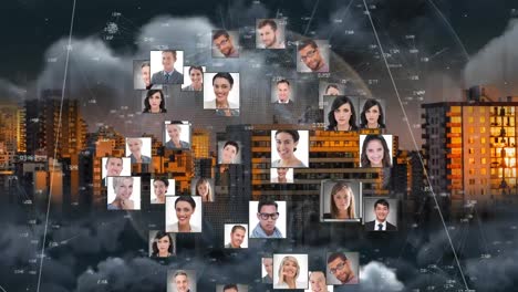 Animation of globe with networks of connections with people&#039;s&#039; photographs over cityscape
