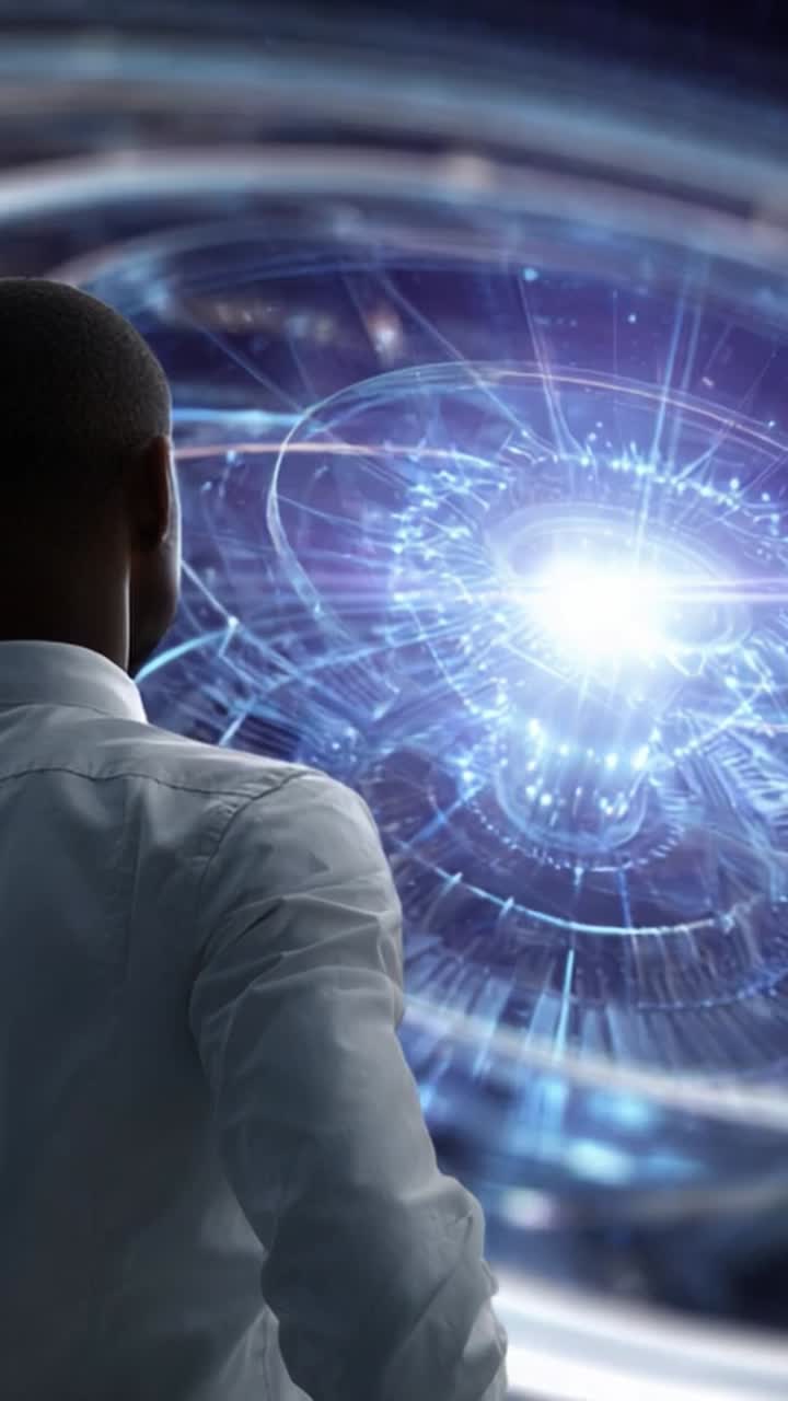 A contemplative figure gazes into a swirling, bright, cosmic energy pattern, embodying curiosity and wonder in an abstract digital universe of innovation and imagination